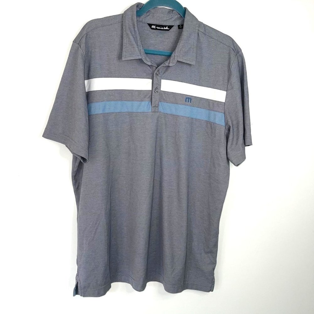 Travis Mathew Polo Shirt Size XL Mens Short Sleeve Polyester Cotton Gray Blue